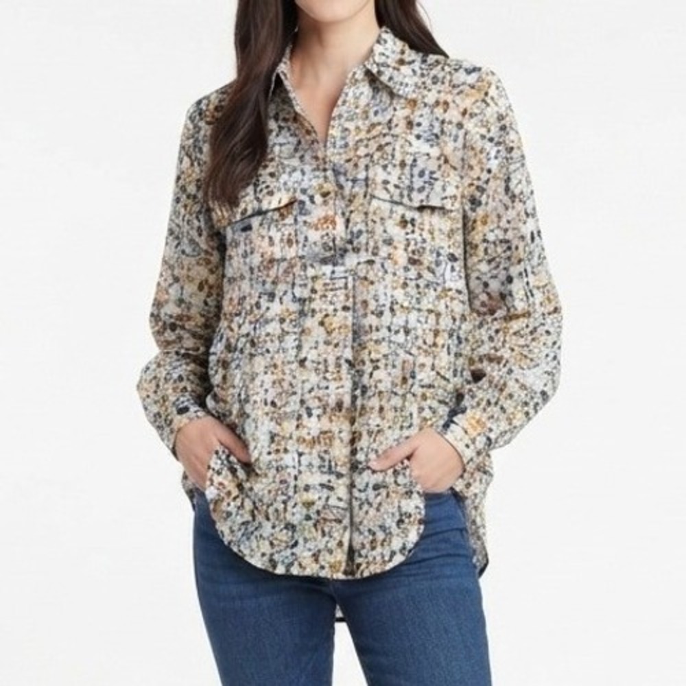 Just Olivia Button Down Shirt Womens Large White Orange Blue Abstract Print